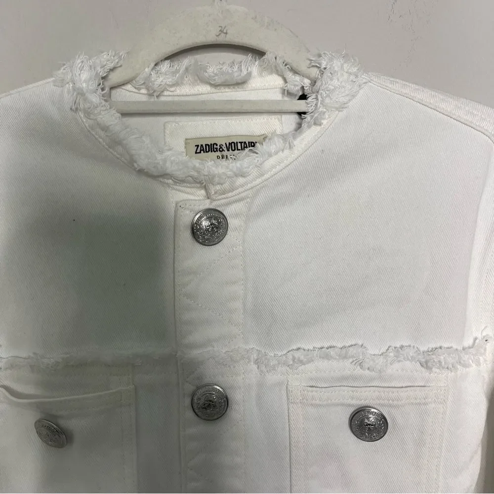 $398 Zadig & Voltaire Kaely Destroy Denim Jacket in White NWT small